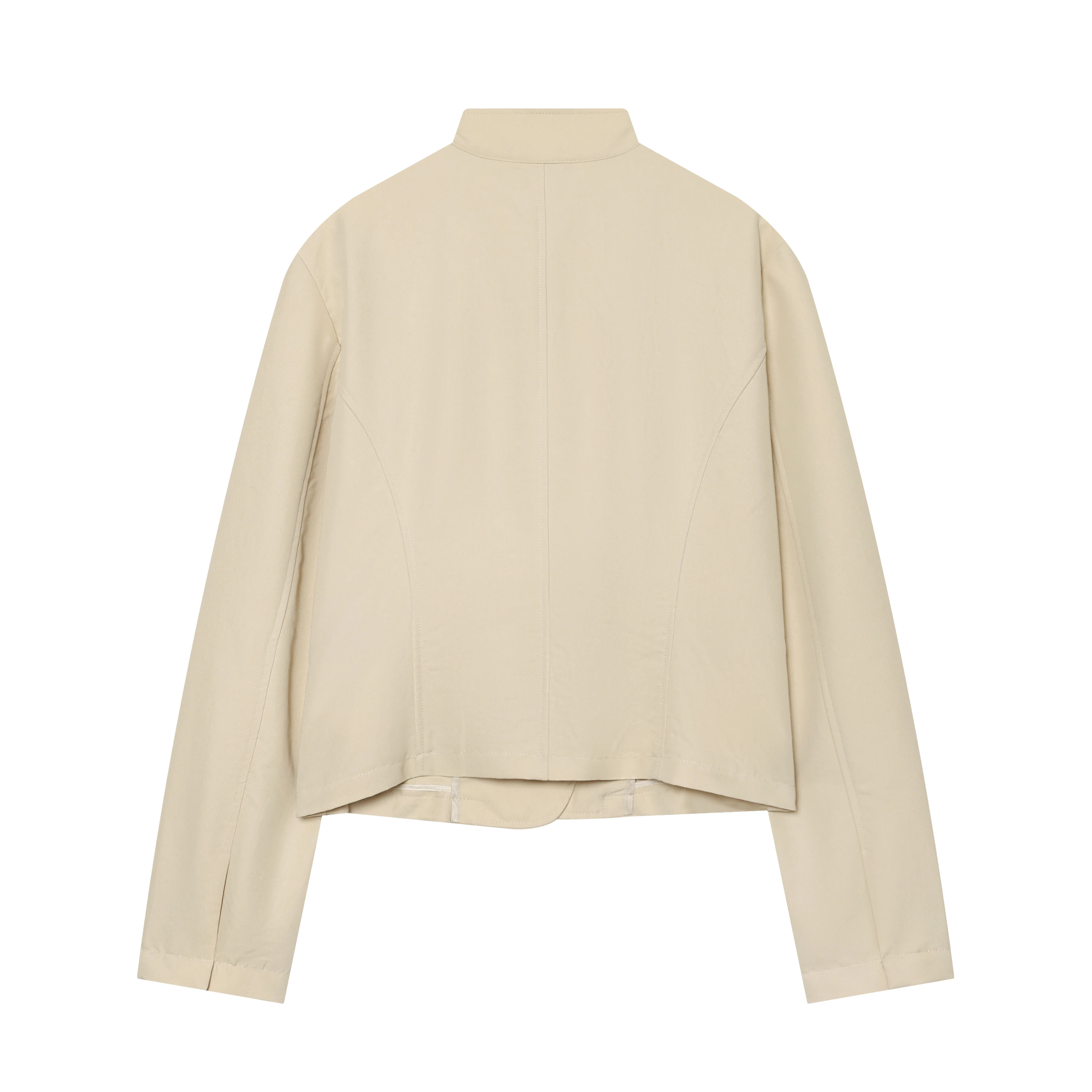 BSAY 2026 New Minimal Office Women Cropped Asymmetric Double Breasted Blazer Stand Collar Pocket Detail Loose Long Sleeve Jacket