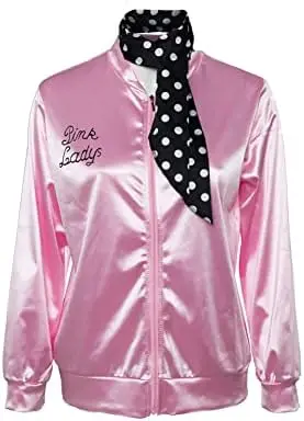 Womens 1950s Pink Ladies Satin Grease Jacket with Neck Scarfs Halloween Cosplay Costume Fancy Dress 50s Poodle Modern Coat Suit