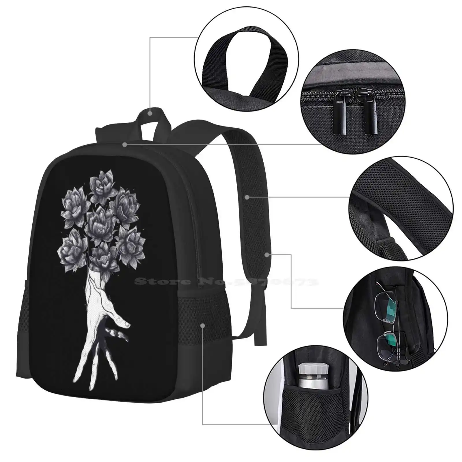 Hand mit Lotus auf schwarzem Muster Design Tasche Studenten Rucksack Hand Linie Mädchen schwarz und weiß Lotusblumen Garten Schönheit