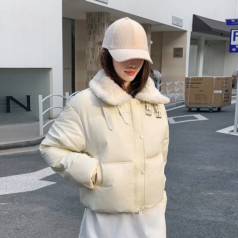 

New No Wash Cotton Padded Women Jacket Autumn Winter Fashion Short Coat Splicing Lamb Wool Lapel Female Down Cotton Outwear