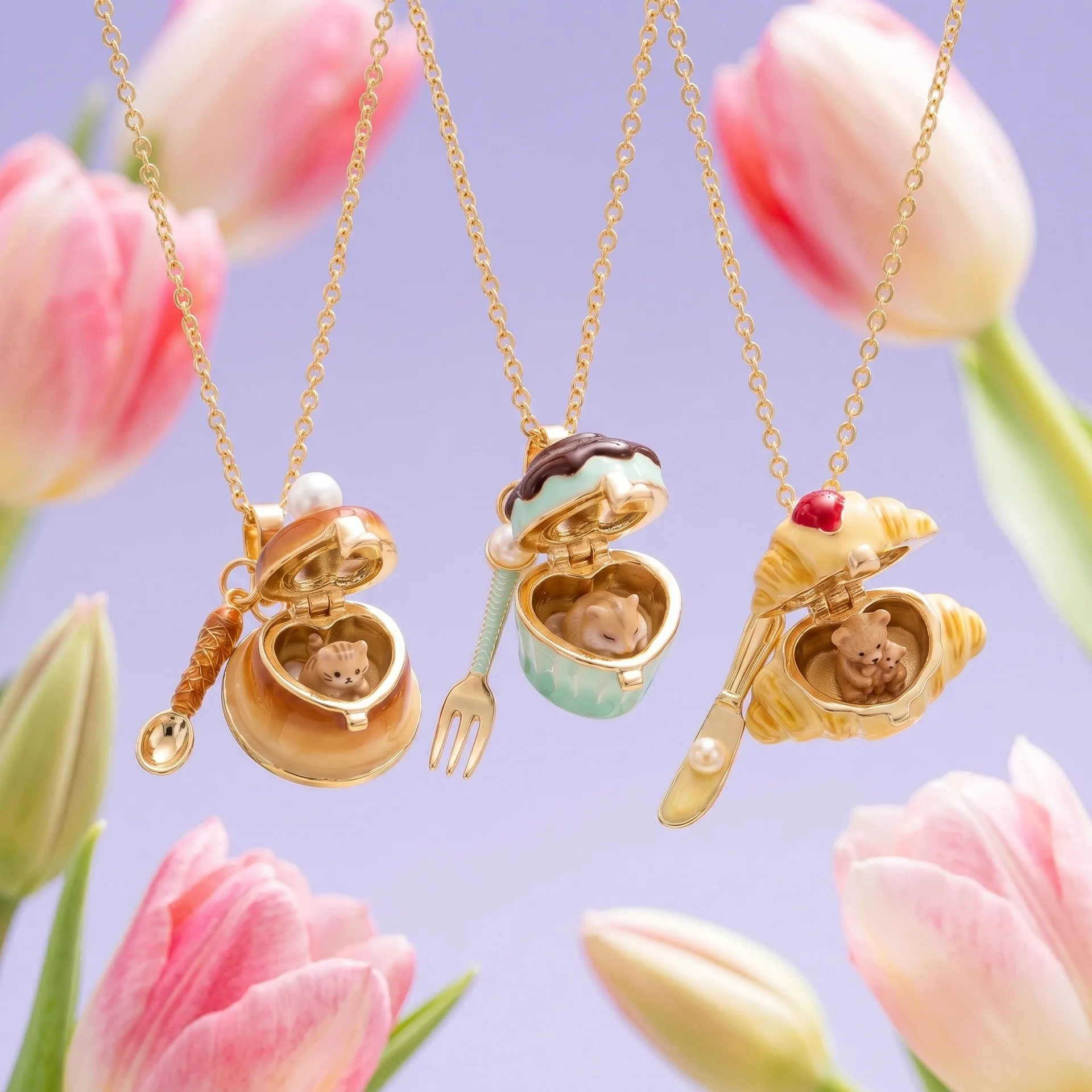 Dessert Bear Cat Girl Heart Shaped Necklace Miniature Hamster Opening and Closing Food Play Pendant Necklace DIY Necklace Gifts