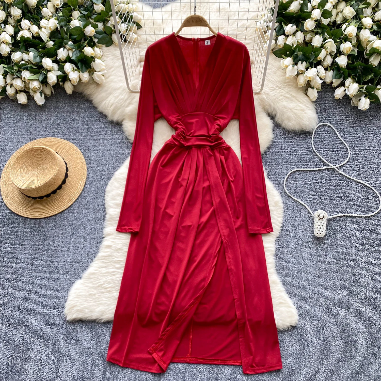 Elegant Sexy v neck lool sleeve Autumn Winter Dress  Vintage Slim summer satin split sweet A-line dresses