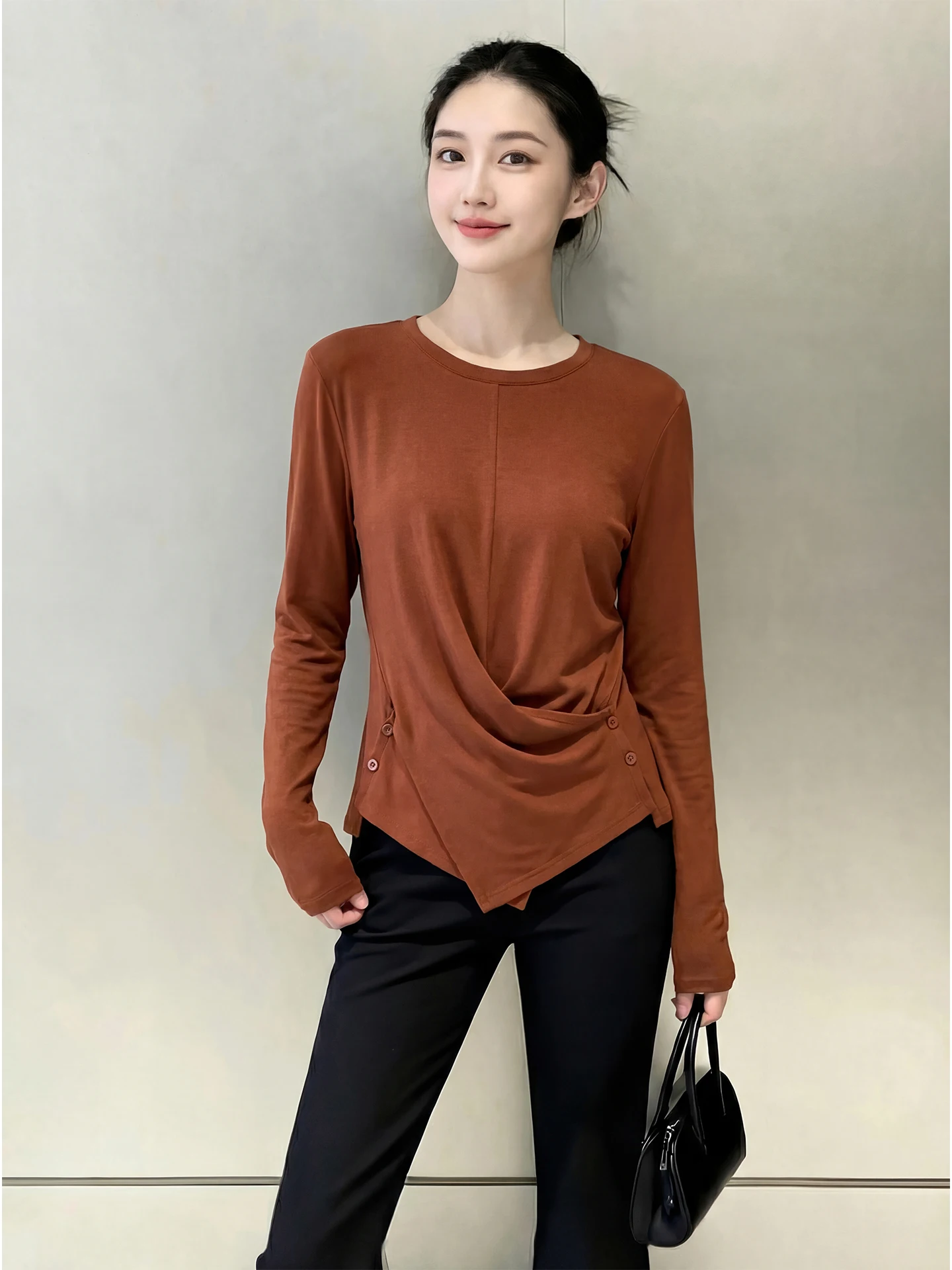 

Spring 2026 plus Size Ele Long Sve Waist-Cinching Women's Caramel Versatile Base irt Sli Slimming French Sle T...