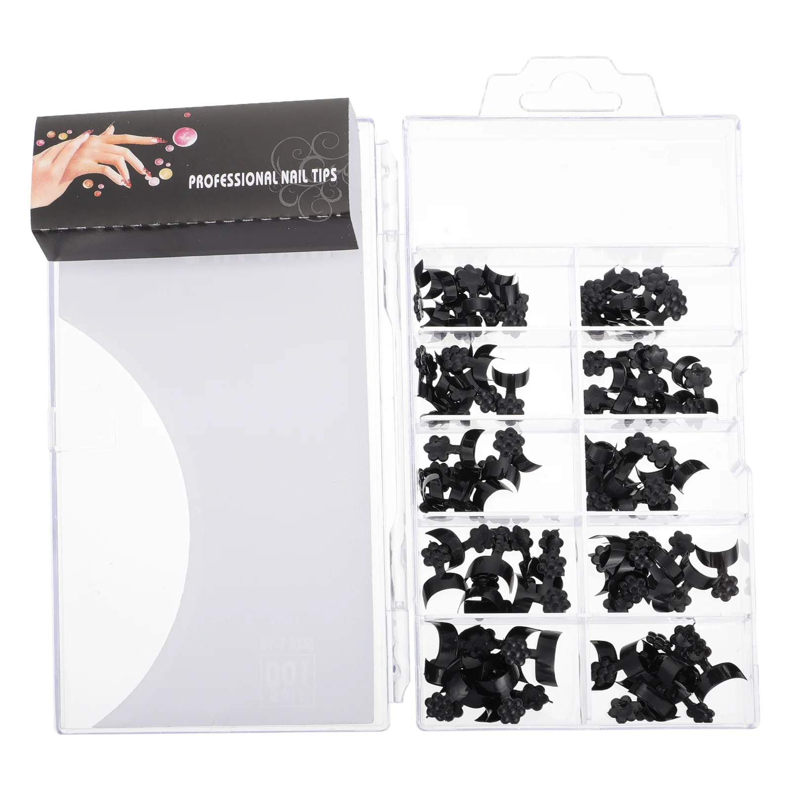 

100 Pcs False Nails Patch Salon Fake Tip Crescent Moon DIY Flower Black Manicure
