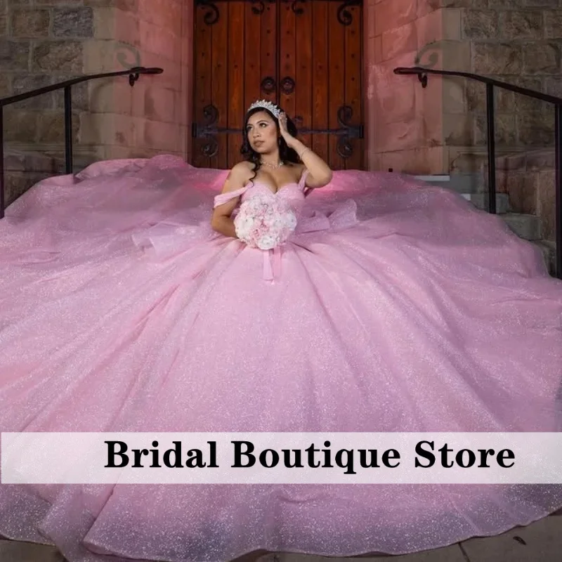 Customized Shiny Pink Quinceanera Dresses Off the Shoulder crystal applique layering Bow Long tail Vestido De 15 Quinceanera
