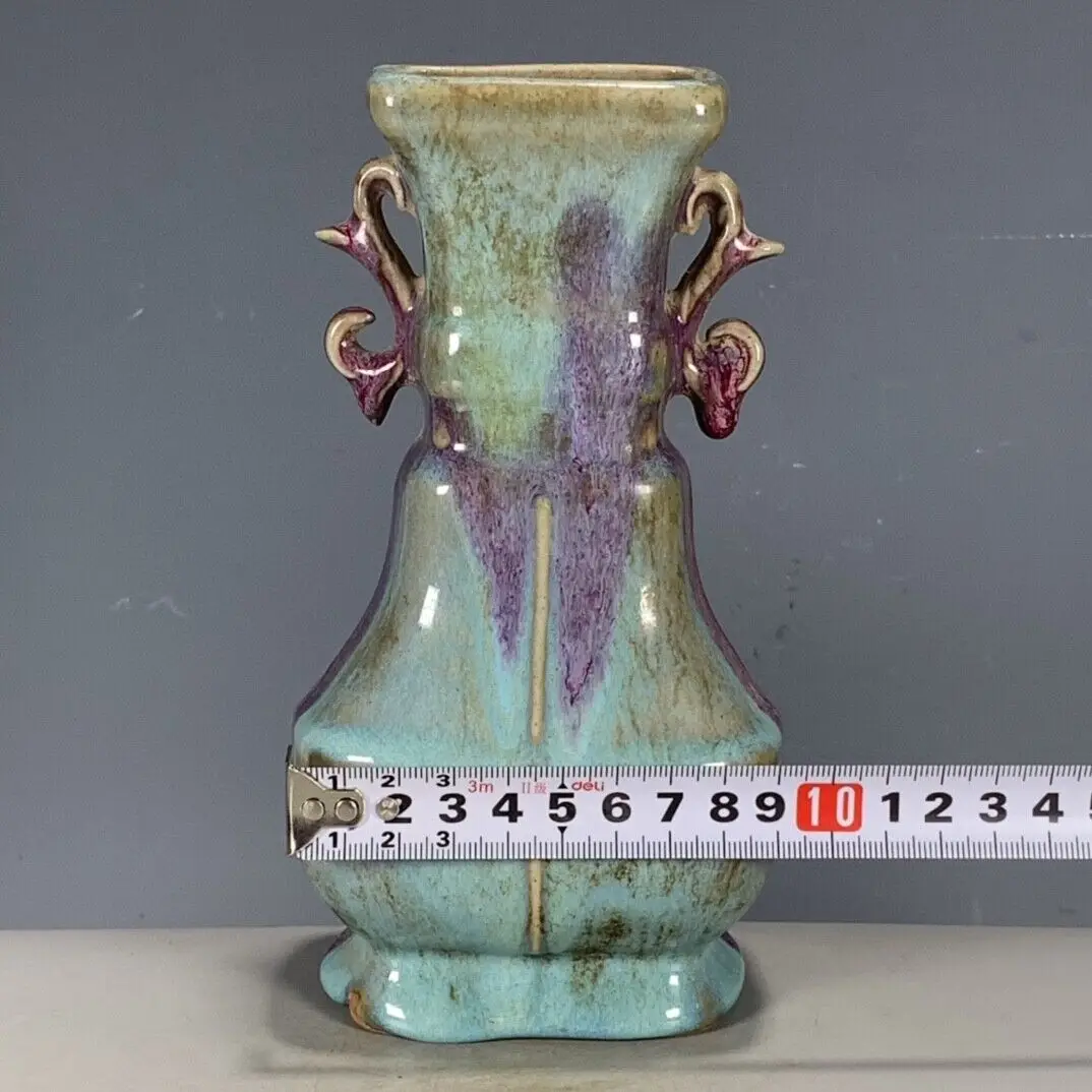 Chinese Fine Porcelain Song Jun Kiln Blue Glaze Kiln Change Double Eared Vase Home Decoration