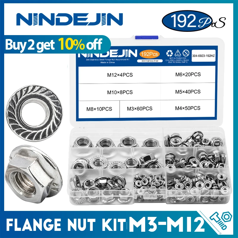 NINDEJIN 192pcs/set Hexagon Flange Nuts Assortment Kit M3 M4 M5 M6 M8 M10 M12 Stainless Steel Metric Flange Nuts Set DIN6923