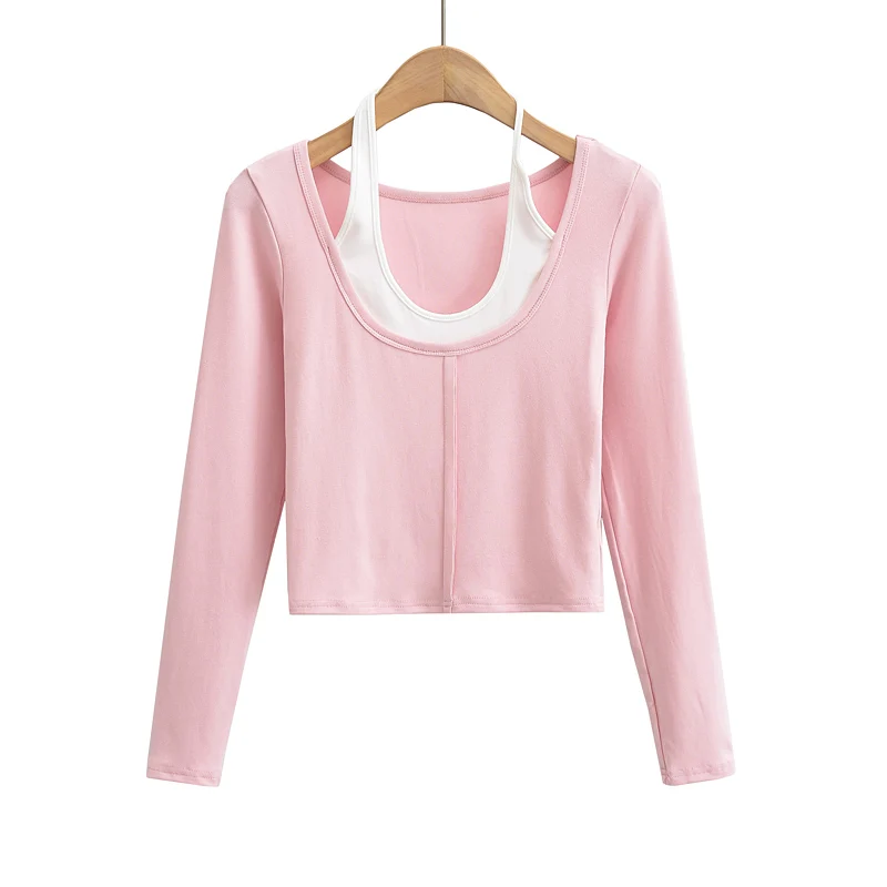 Long sleeve crop top korean fashion fall outfits women sexy tshirts for women fashion kawaii black t shirt woman halter top pink