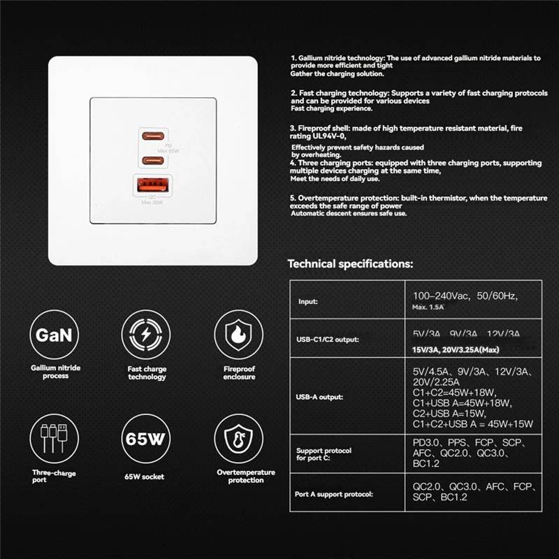 AA84 65 واط شحن سريع PD3.0 جدار مخرج كهربائي شاحن غان المقبس 3 منافذ نوع C USB حماية Overtemp