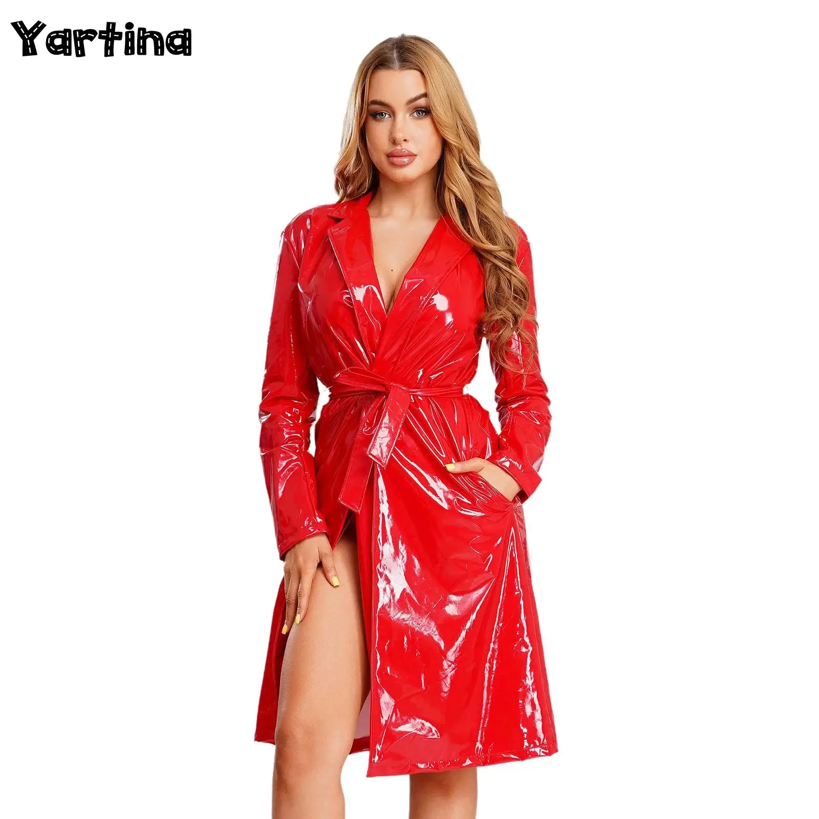 Adults Womens PU Leather Glossy Long Trench Coat Blazer Lapel Open Front Long Jackets with Belt Overcoat Streetwear Clubwear