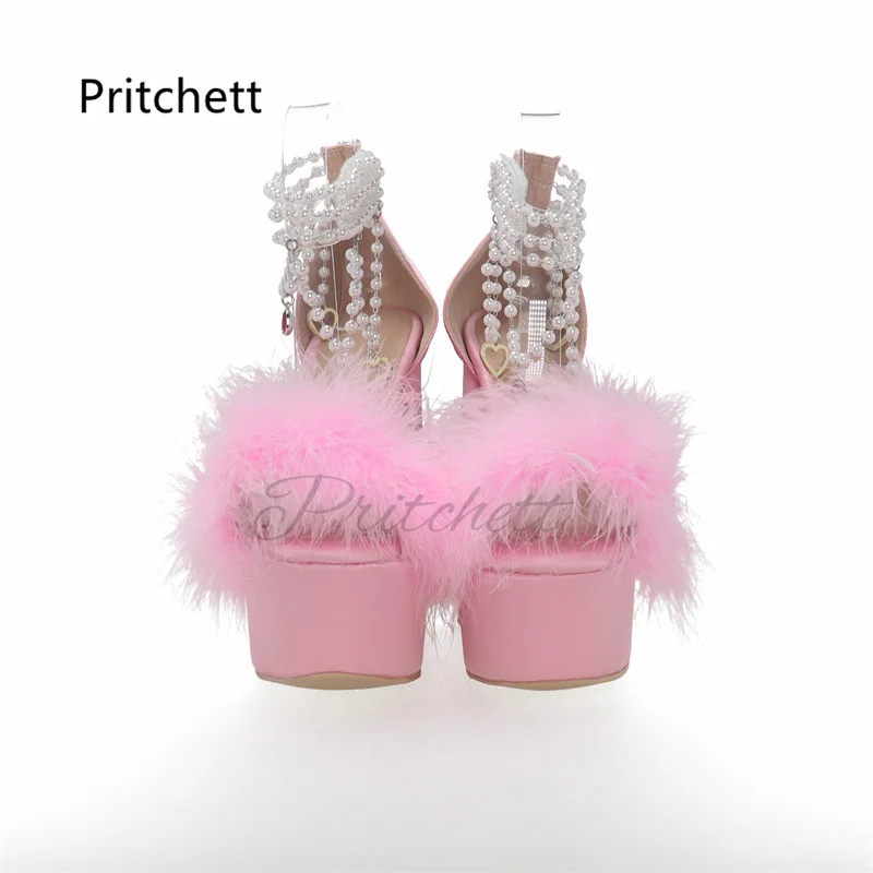 Pink Fur Pearl Chain Platform Sandals for Women 2023 New Summer Luxury Design Chunky Heel Elegant Fashion Sweet Wedding Shoes