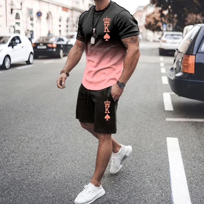 2024 Summer 3D Men\'s Casual Fashion Gradient Spade K Printed Round Neck T-shirt Shorts Set,Street Boys\' Personalized Wearing Fu