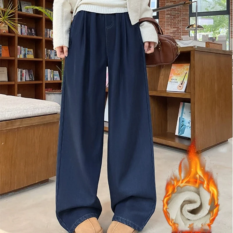 

Шикарные флисовые утепленные женские джинсы, корейские эластичные джинсы с высокой талией, женские зимние джинсы 2025 года со свободными карманами, широкие брюки, женские