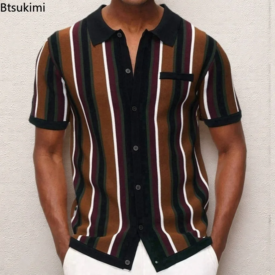

2025 мужские летние повседневные трикотажные рубашки в британском стиле в полоску в стиле ретро, в стиле пэчворк, с коротким рукавом, жаккардовая деловая рубашка-поло, мужская