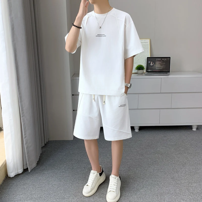 アイスシルク-メンズ-カジュアルウェア-夏用-ルーズ-ラウンドネック-半袖tシャツ-ショーツセット-スポーツウェア-速乾-ユース-ポリエステル-f