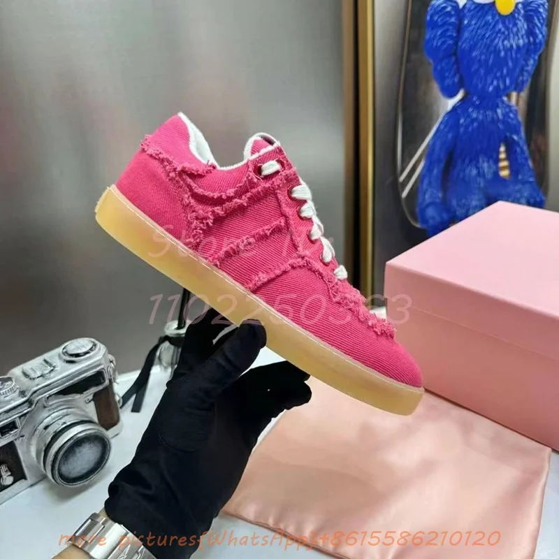 

Rose Red Concise Thick Soled Sneakers Turned-over-Edge Casual Round Toe Outdoor Lace-up Sewing Women Fashion Couples Shoes 2024