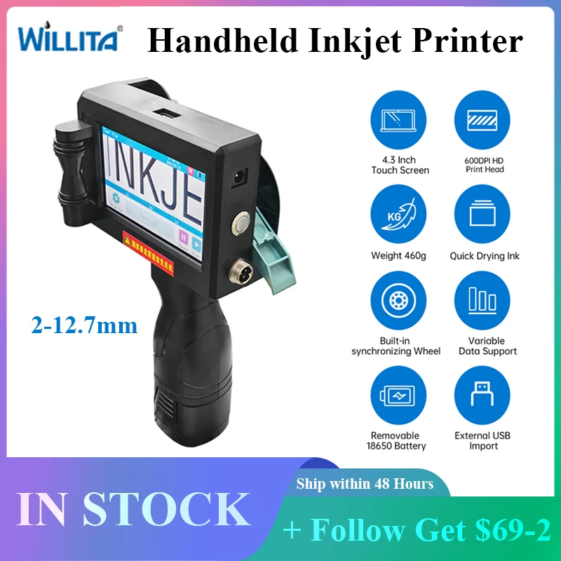 WILLITA 12.7mm Portable Handheld Inkjet Printer 4.3 inch Smart Touch Screen Quick Drying Ink 600DPI for Date Code Logo Printing