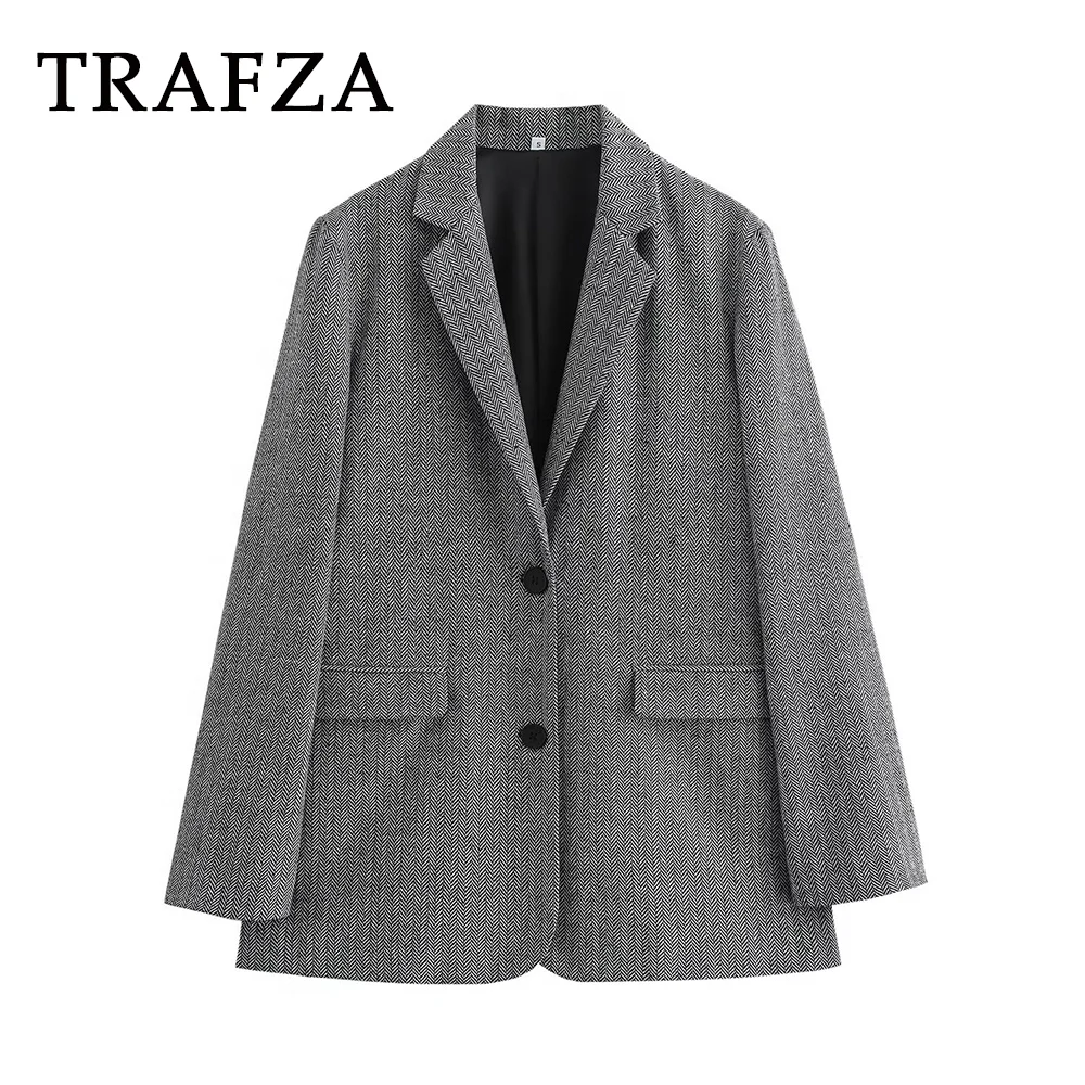 TRAFZA moda 2024 Vintage manga larga Casual mujer Blazer Chic Oficina señora bolsillos chaqueta Argyle solo pecho prendas de vestir sueltas