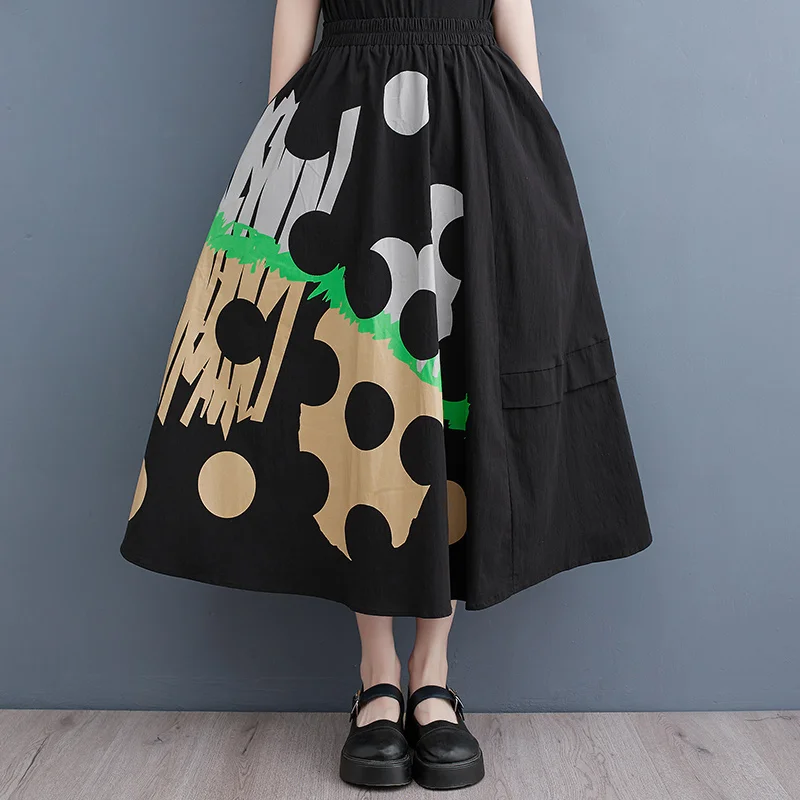 

#3039 Black Printed A-line Skirts Women Thin Vintage High Waisted Skirt Female Loose Thin Retro midi skirt Femme Pockets Summer