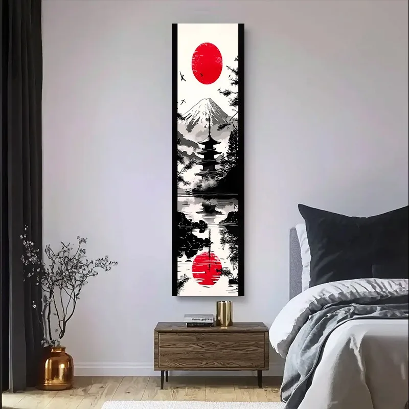 Japanese Mount Fuji Long Tapestry - Ukiyo-e Red Sun Ink Wash Vertical Wall Hanging for Bedroom Living Room Decor