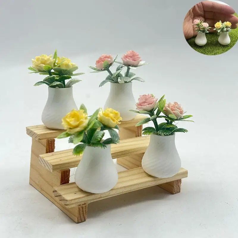 1Pcs Dollhouse Prop Miniature Photography Accessory Mini Rose Plant Potted Flower Model Home Tabletop Decor Craft