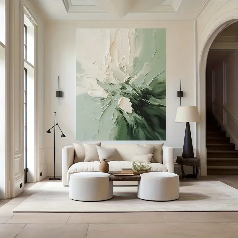 Modern minimalist beige and green landscape painting, frameless modern home decor, suitable for living room, bedroom, office