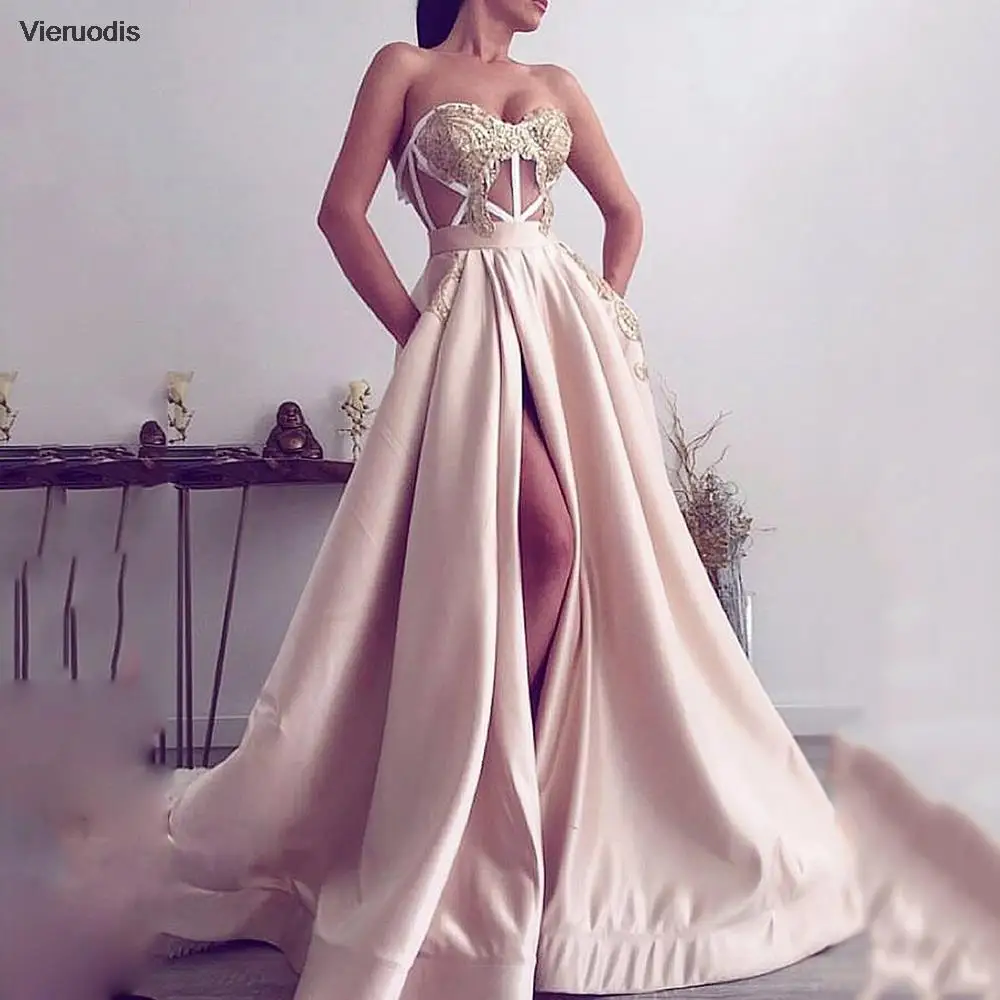 

Blush Pink Satin Prom Dress A Line High Split Long Prom Gown Sexy See-Through Lace Appliques Party Dress Vestido De Noche