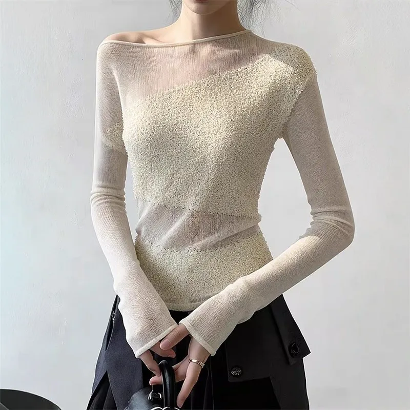 

White mesh stitching knitted sweater t-shirt women's irregular slightly transparent slim-fitting slanted shoulder top