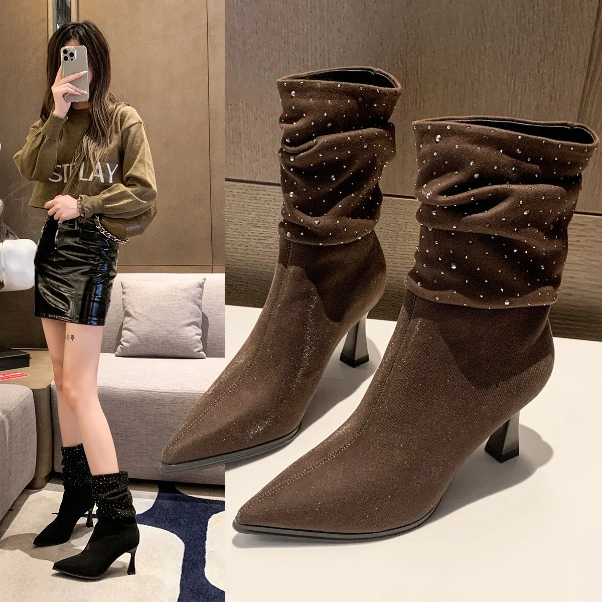 

Diamond Medium Sleeve Women's Fashion Knee Length Mid-Calf Boots Pointed Toe Stiletto Heels Autumn Crystal Loom Pleated Boots