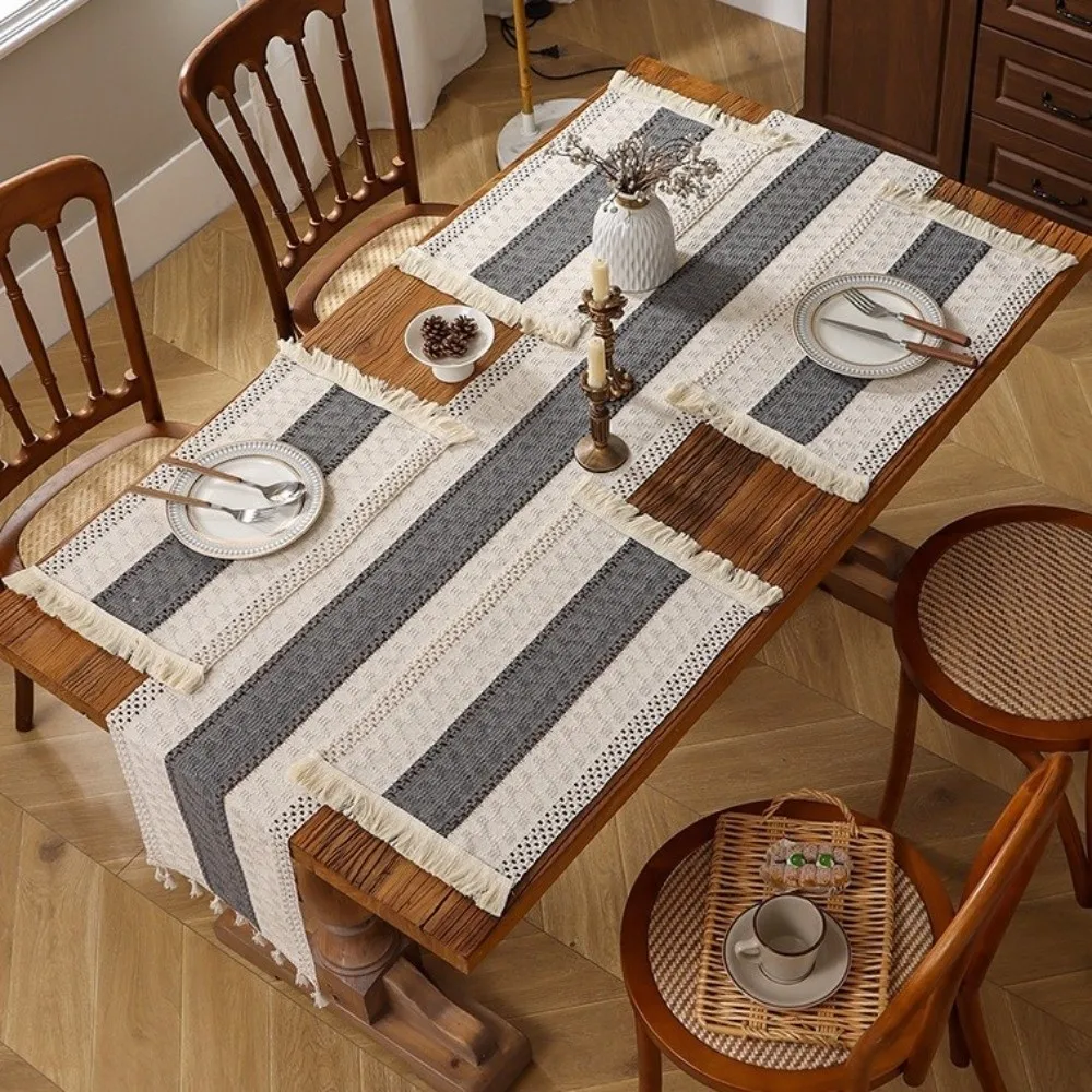 Rustic Style Knitted Hollow-out Table Runner Soft Splicing Bohemian Table Flag Washable with Tassels Knitted Cover Cloth Bedroom