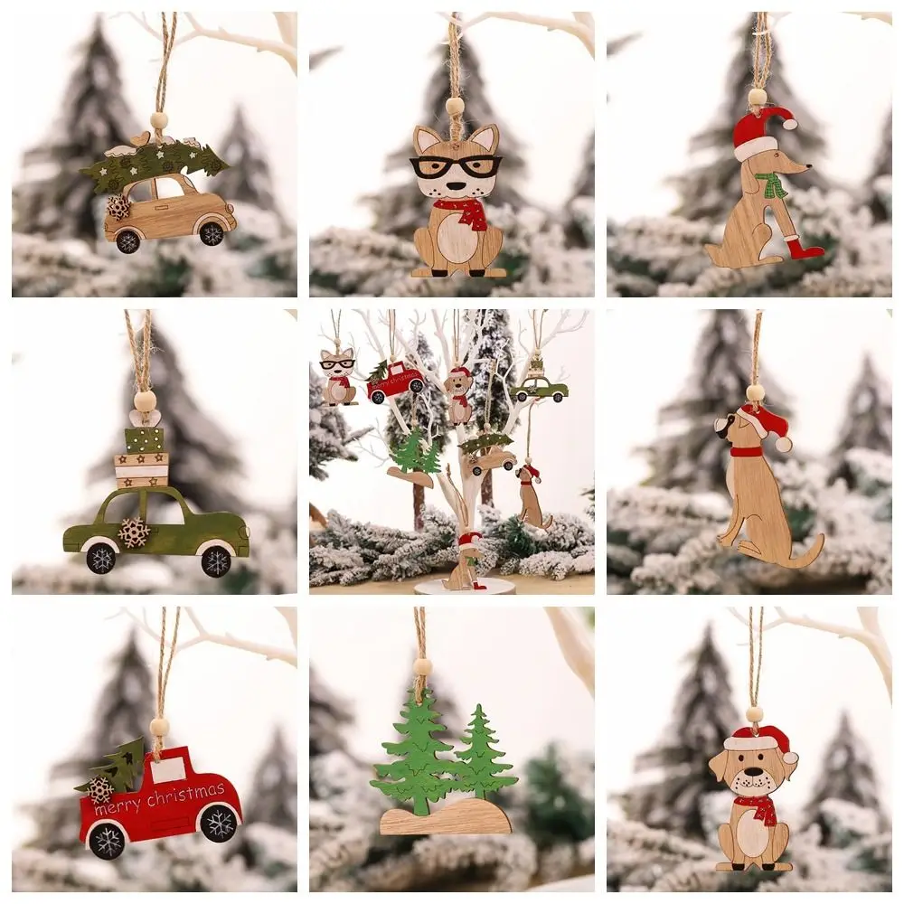 Car Puppy Christmas Pendant Dog Puppy Xmas Tree Drop Ornaments Painted Colorful Wooden Car Hanging Ornaments Kids Toys