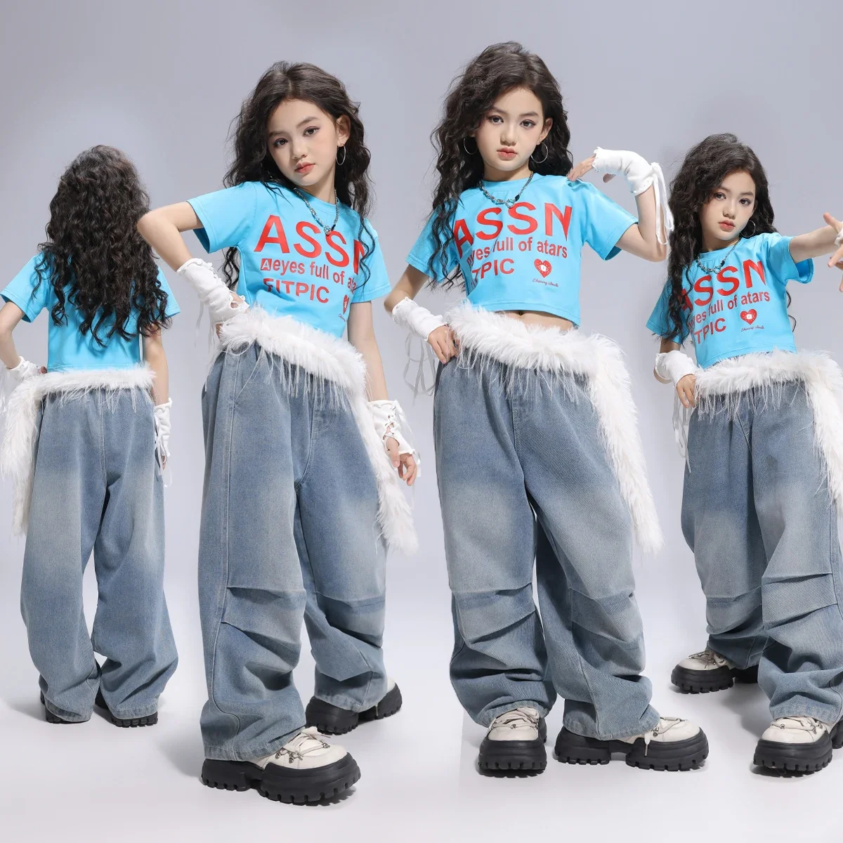 Hip hop meninas colheita topos denim calças de carga criança jazz corredores streetwear moletom crianças dança rua cheerleader conjuntos roupas