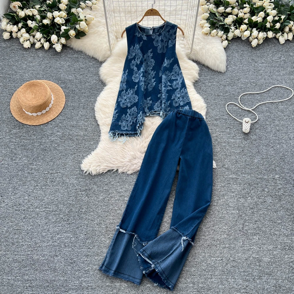 Set di abbigliamento jeans estivi da donna Top in denim allentato senza maniche con scollo a O + tailleur pantalone patchwork a gamba larga