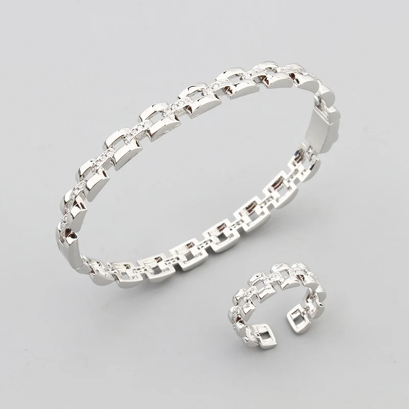 European and American Fashion Hollow Square  Chain Titanium Steel Micro-Inlaid AAA Zircon Bracelet Ring Luxury Suit