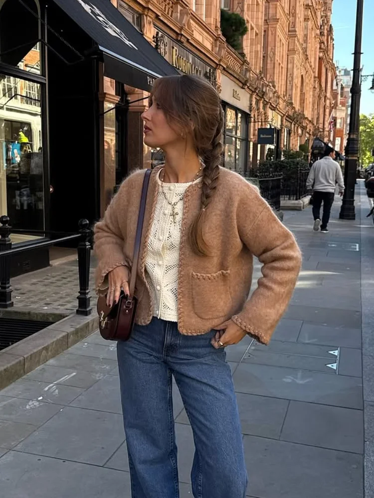 اليومية الصلبة قصيرة كابل سترة متماسكة المرأة عادية كم كامل انخفض الكتف اقتصاص محبوك بالأزرار سيدة الشارع تريكو #5