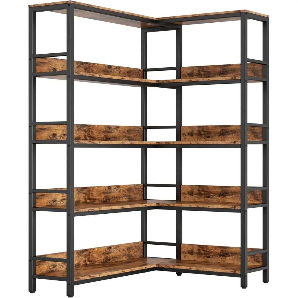 

Corner Bookshelf 5 Tiers, Industrial Style Corner Bookcase, L-Shaped Metal Frame Shelving, Storage Rack for Living Room & Home O