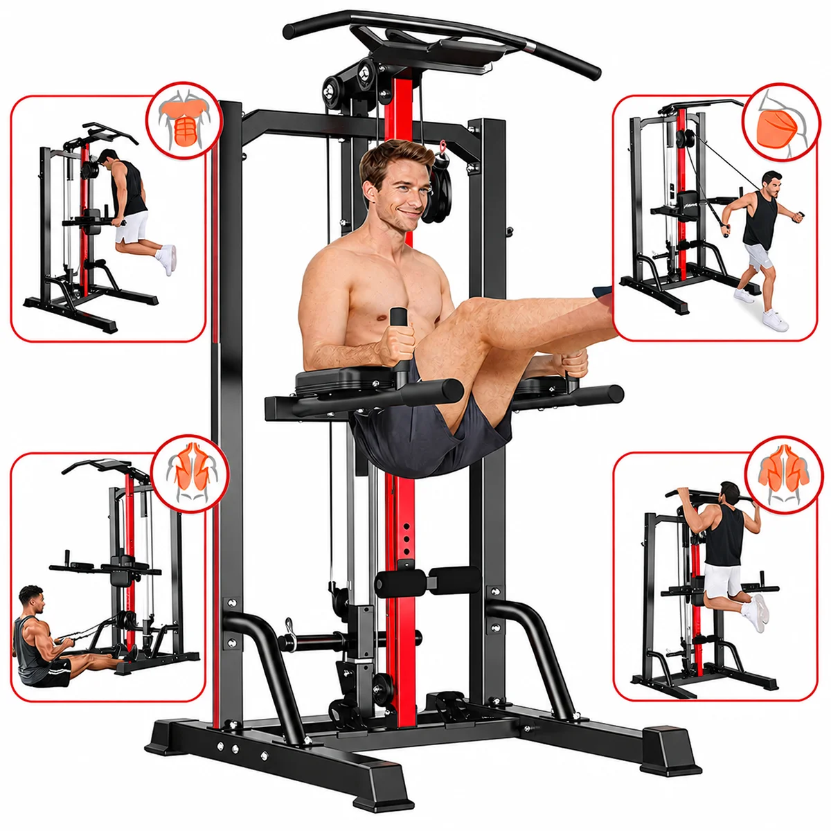 Pooboo Pull Up Bar Power Tower with Cable Machine, 450LB Home Gym Workout Station Pull up bar and 16-position cable system for pull ups, chin ups, lat pulldowns, rows and full-body training