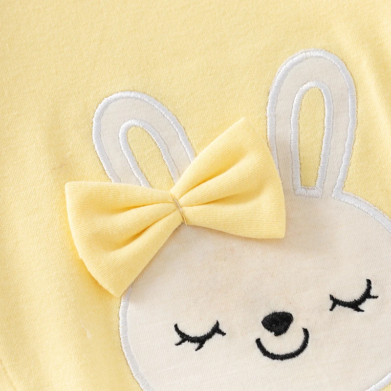 Newborn baby girl spring & fall jumpsuit with long sleeves pure cotton cute yellow cartoon embroidered rabbit