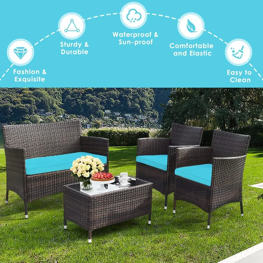 4-Piece Rattan Patio Furniture Set, Outdoor Sofa Table Set with Tempered Glass Coffee Table, Thick Cushion, Wicker Conversation
