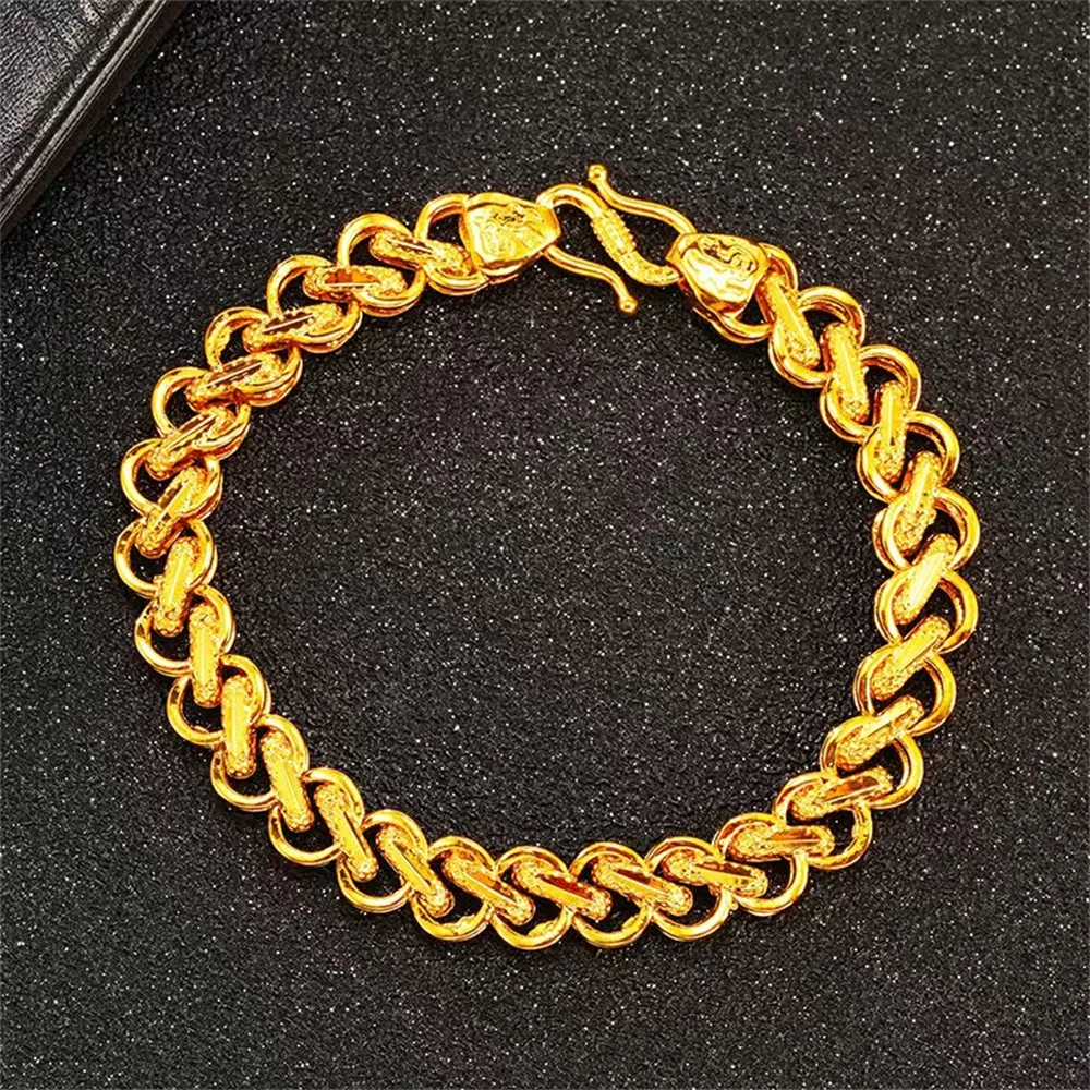 14K Gold‑Plated Stainless Steel Men Charm Chain Bracelet Vintage Textured Hook Clasp Male Fashion Wrist Jewelry Gift