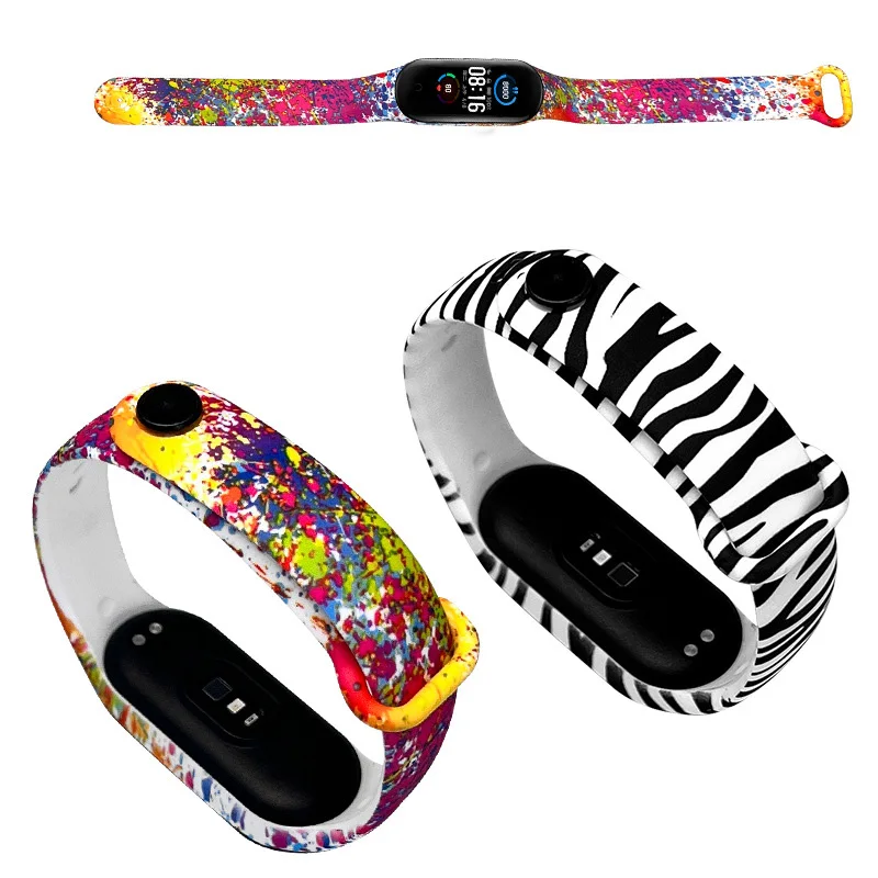 For Mi Band 3 4 5 6 Nfc Silicone Strap Printed Rainbow Pattern Silicone Mi Band 5 6 Mi Band 3 4 Strap Bracelet Sports Wrist