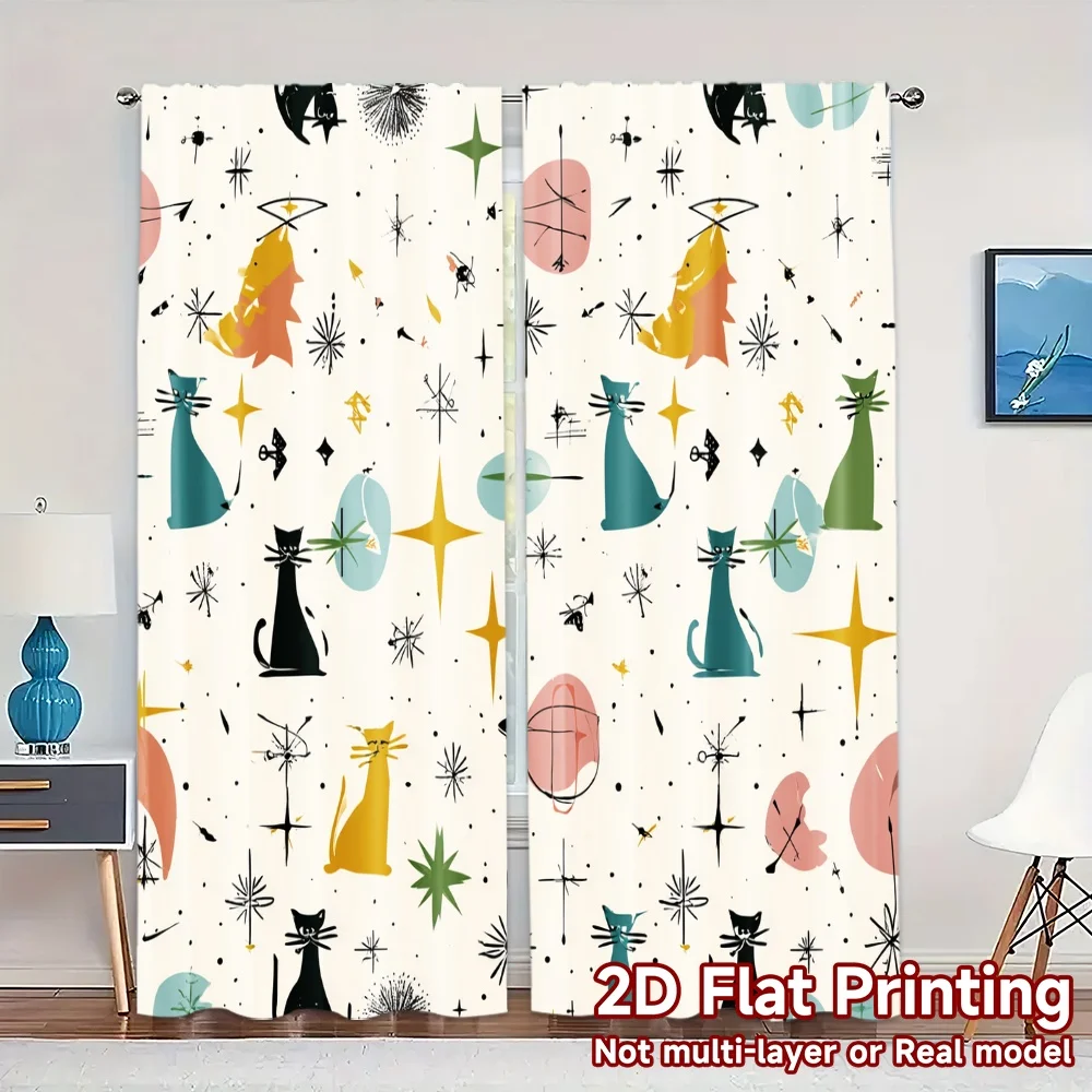 2D Flat Printing,JIT 2pcs, Curtains (Without Rod) Atomic Cats Chic Chic Curtain Polyester Easy Install Curtains Holiday Ldeal