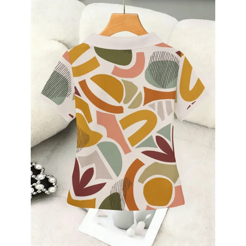 2026White-collar warm brown retro geometric color block print turn-down collarWomen's Collared T-Shirt