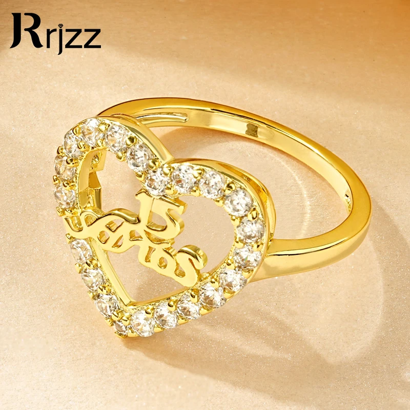 Rrjzz 14k Gold Plated Heart Light Band Ring Sparkling CZ Simulated Diamond Arabic Numeral Rings for Girls Woman Fine Jewellery