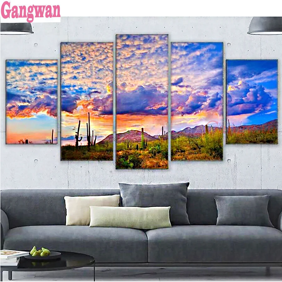 5PCS Diamond Painting 5D Full Square/Round Drill Clouds, cactus Daimond Embroidery Painting Cross Stitch Picture Wall Art decor