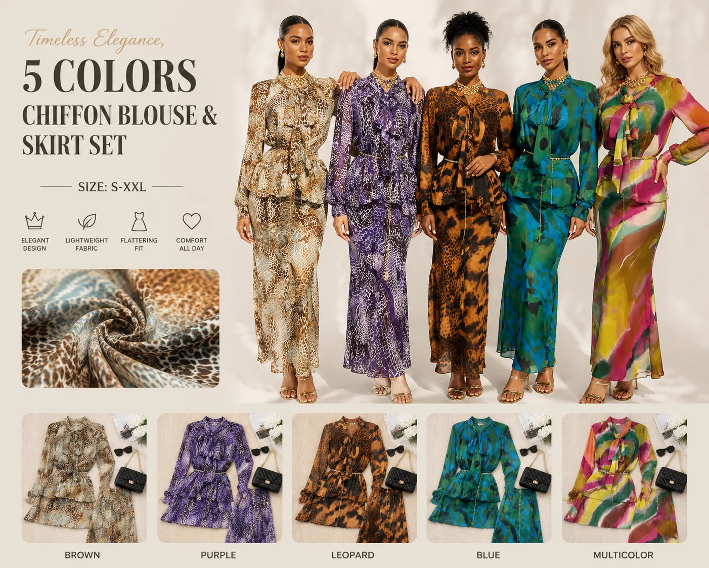 Women Formal Blouses For Evening Wear - Women Chiffon Two Piece Set Printed