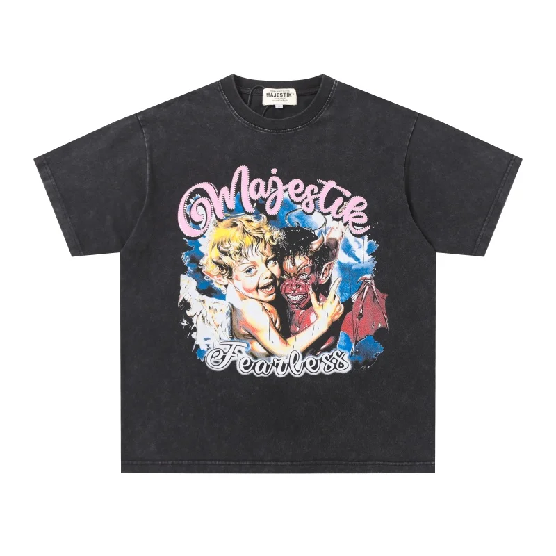 MAJESTIK Angel Devil T-Shirt Trendy Summer Black Oversized 100% Cotton Casual Crew Neck Tops