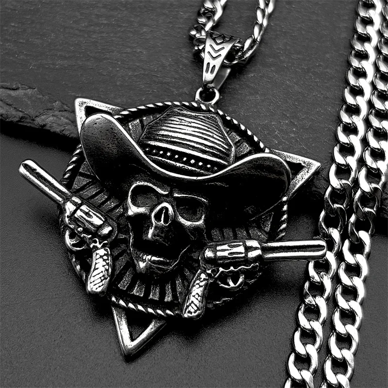 

Vintage Revolver Skull Cowboy Pendant Necklace for Biker Rider Male 316L Stainless Steel Rock Hip Hop Chain Jewelry Best Gift