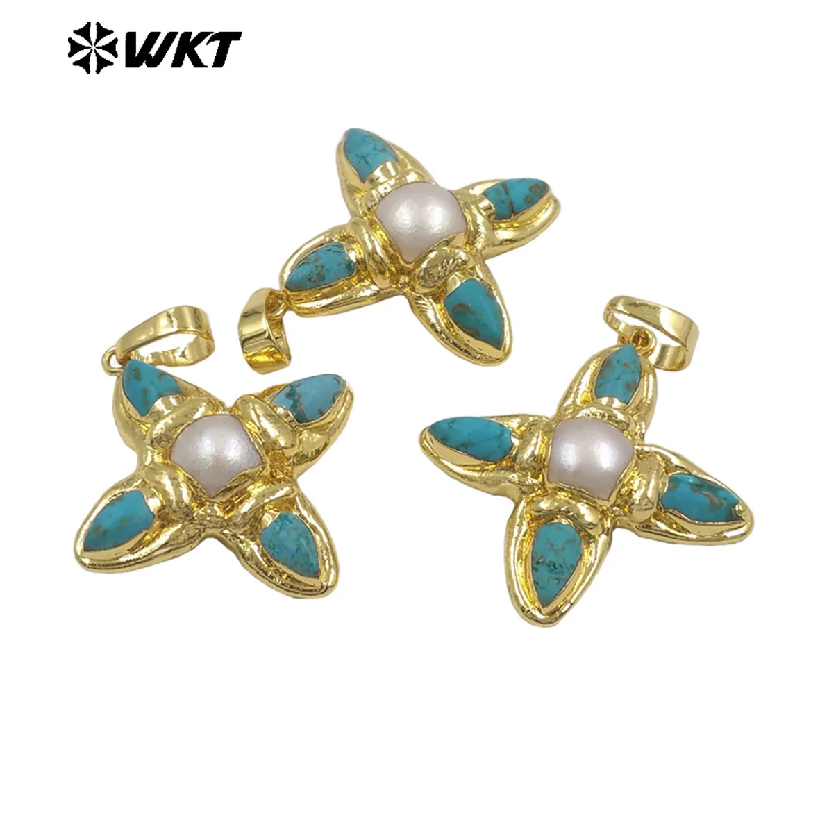 

WT-P2038 WKT Pointed Cross Series In Green Turquoise And Convex Pearl Design With 18k Gold Plated Purely Handmade Findings