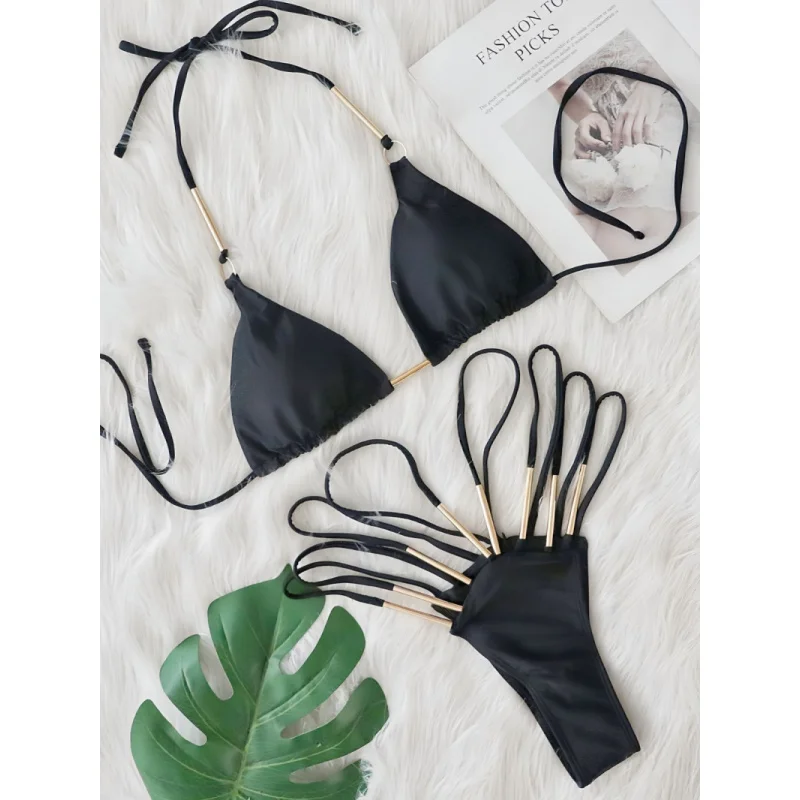 

Swimsuit Metal Accessories Bikini Solid Color High Waist Tie Hollow Out Women's Swimwear